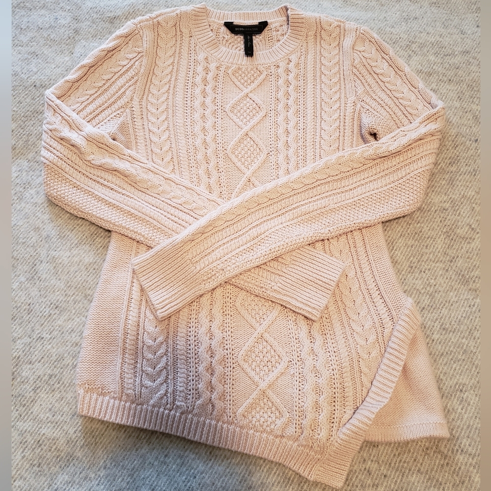BCBGMaxAzria sweater pink cable knit asymmetric apres ski "Jocelyn" xs